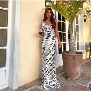 Zara White and Black Polka Dot Satin Maxi Dress